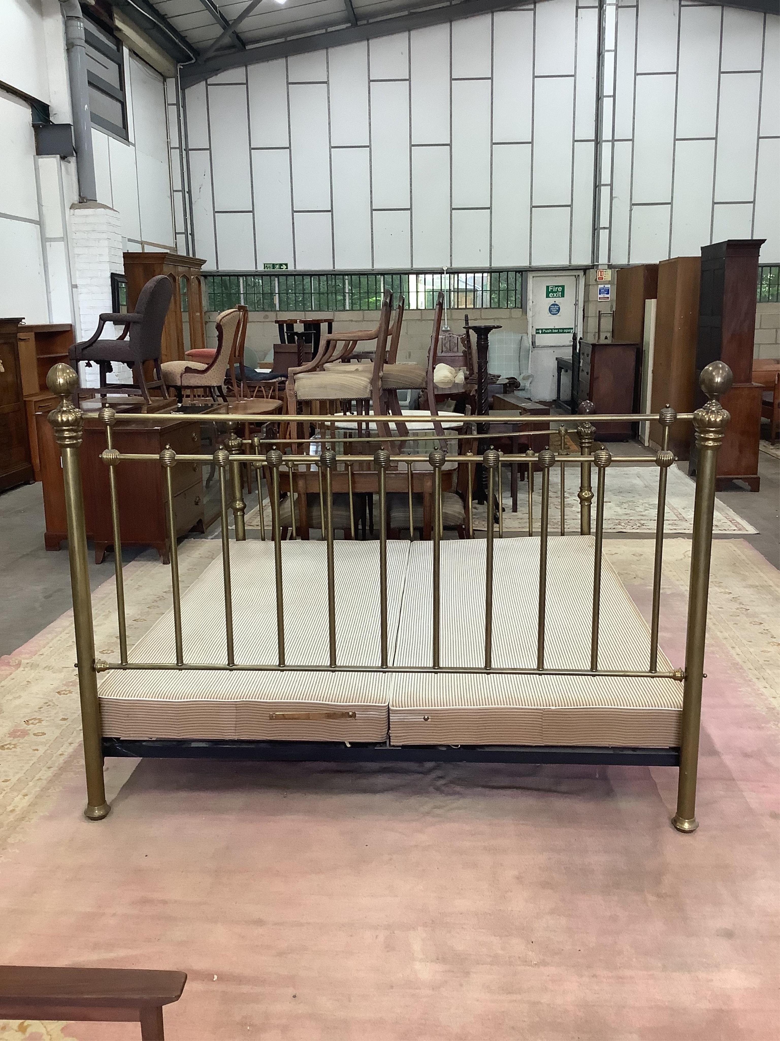 A Victorian style 'And So To Bed', brass double bed frame, width 184cm, length 210cm, height 137cm. Condition - good